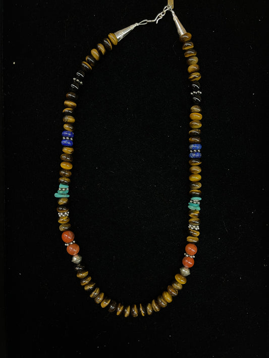 20" Tigers Eye and Multi Stone Necklace by Tand R Singer, Navajo