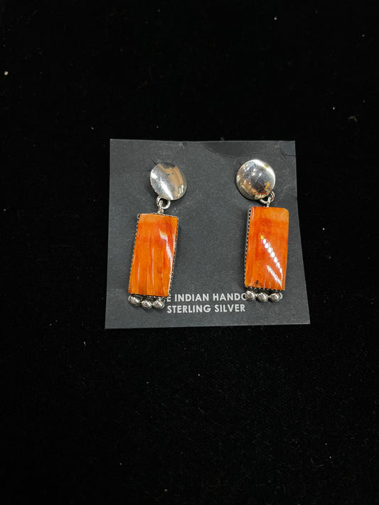 Orange Spiny Oyster Shell Rectangle Post Dangle Earrings by Selina Warner, Navajo