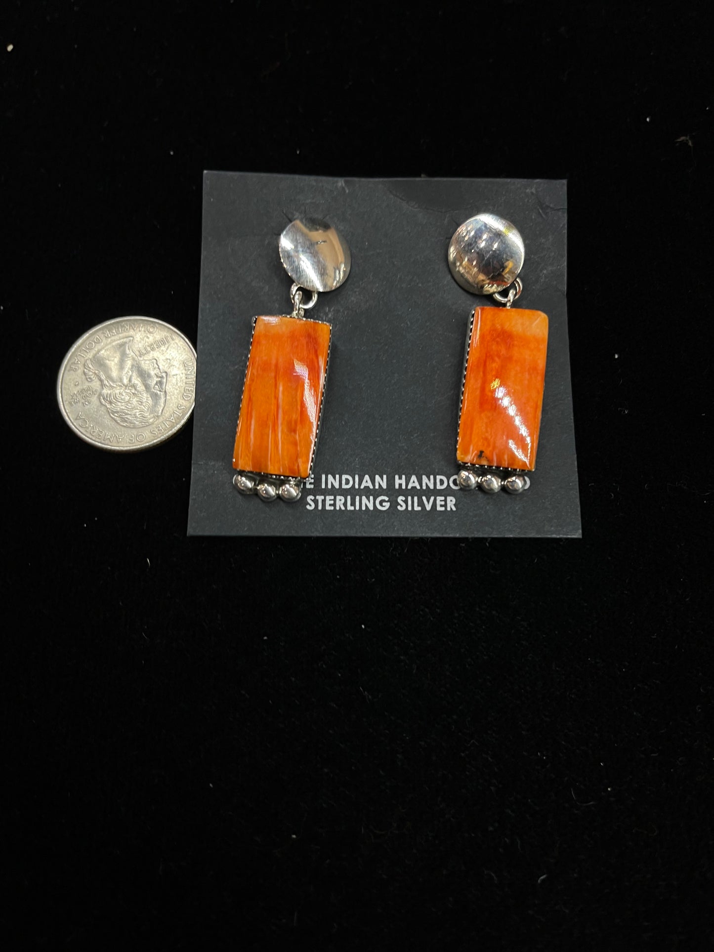 Orange Spiny Oyster Shell Rectangle Post Dangle Earrings by Selina Warner, Navajo