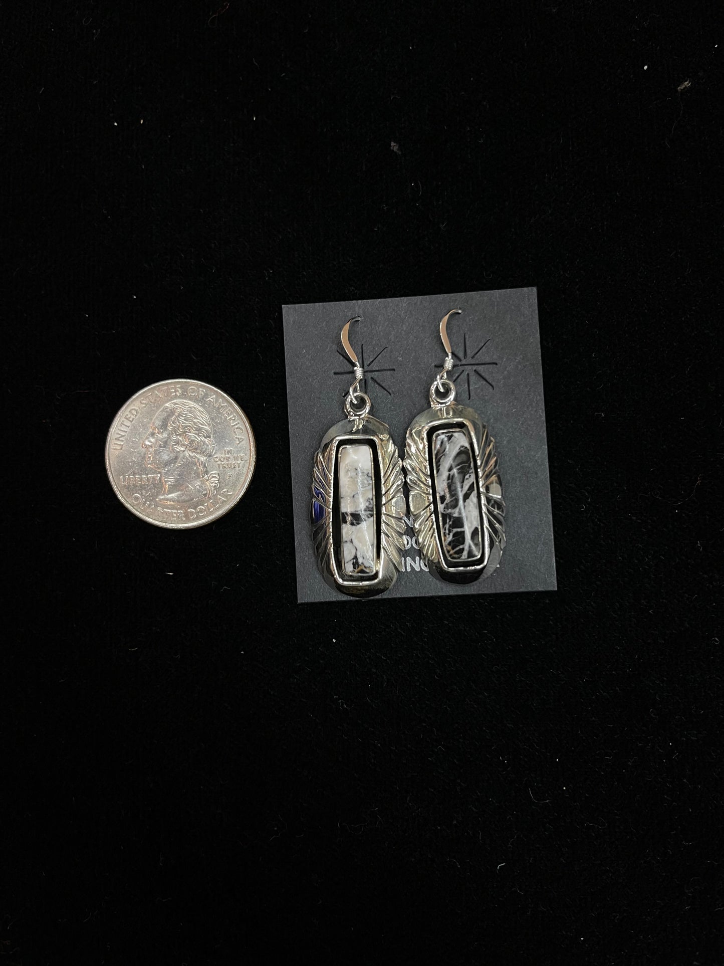 White Buffalo and Sterling Silver Dangle Earrings by Jimson Belin, Navajo