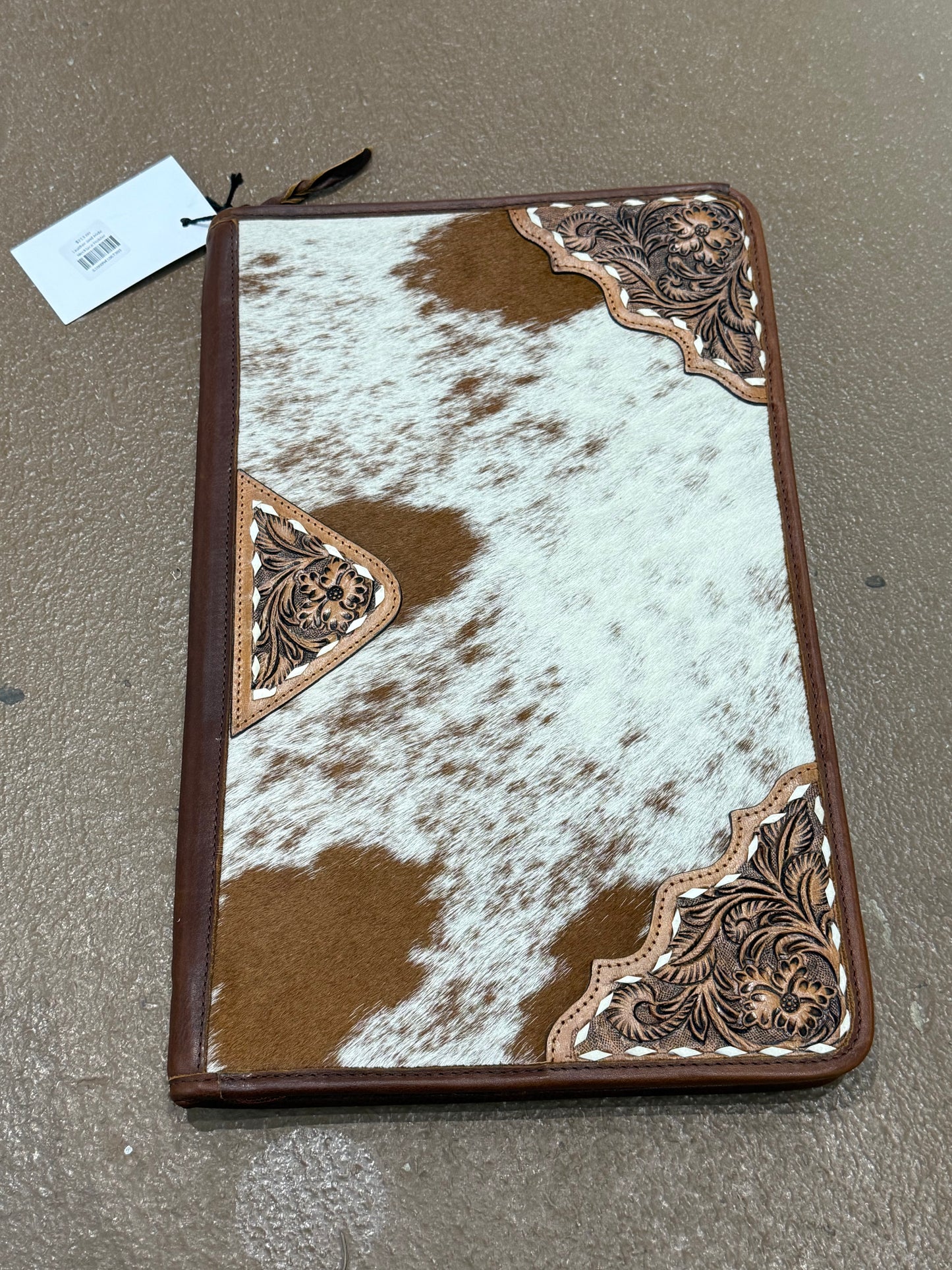 Tooled Brown Leather and Cowhide Necklace Flat Jewelry Holder