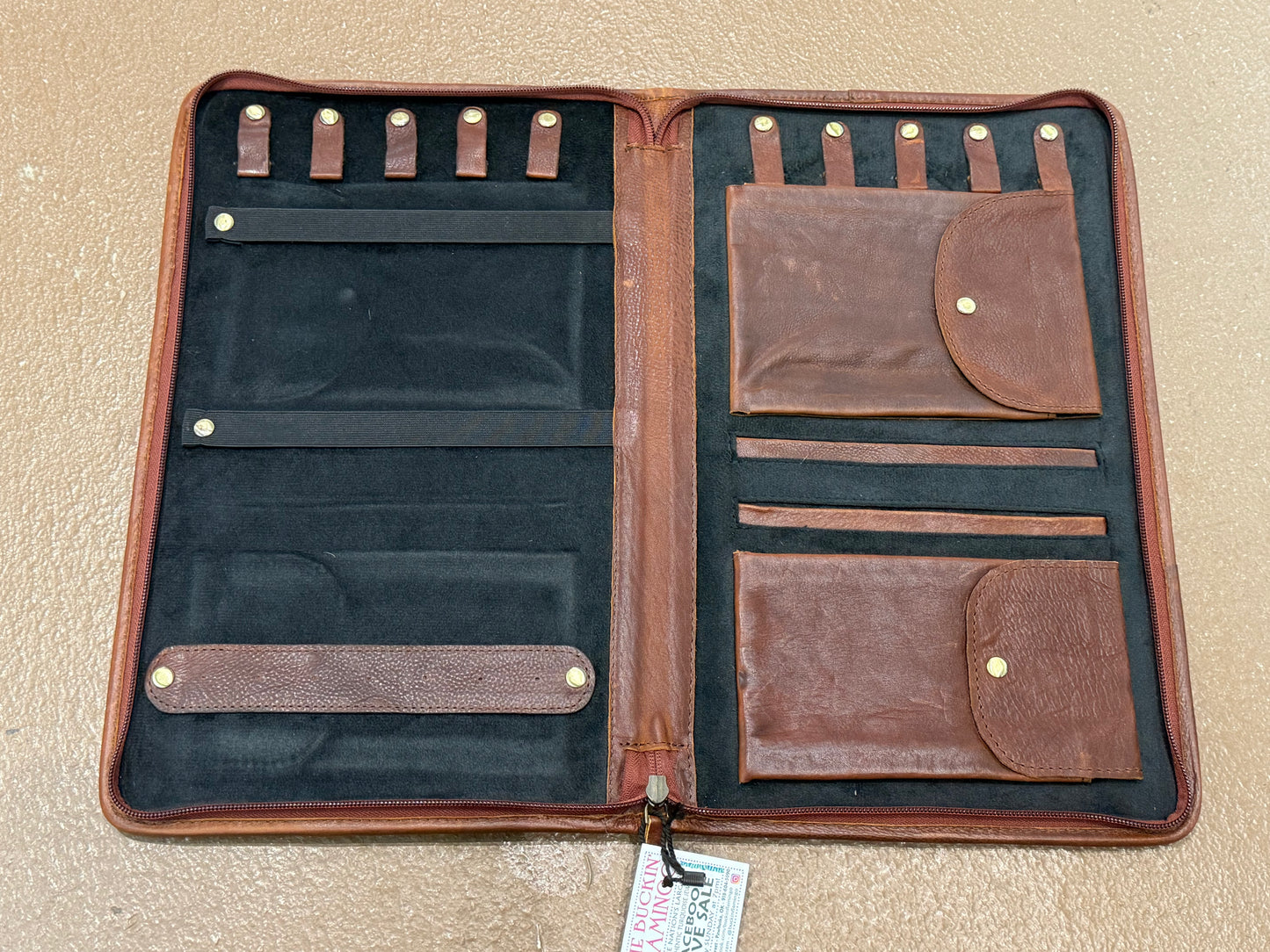 Tooled Brown Leather and Cowhide Necklace Flat Jewelry Holder