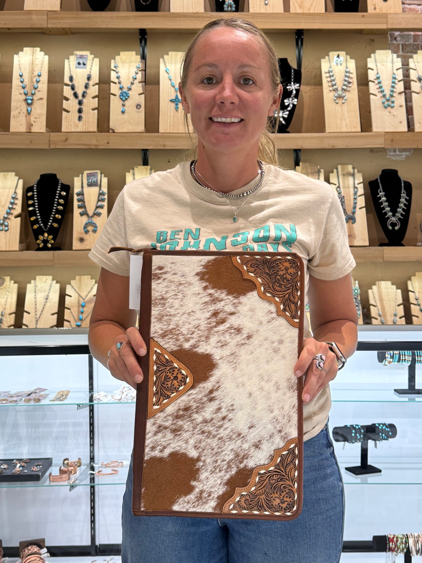 Tooled Brown Leather and Cowhide Necklace Flat Jewelry Holder