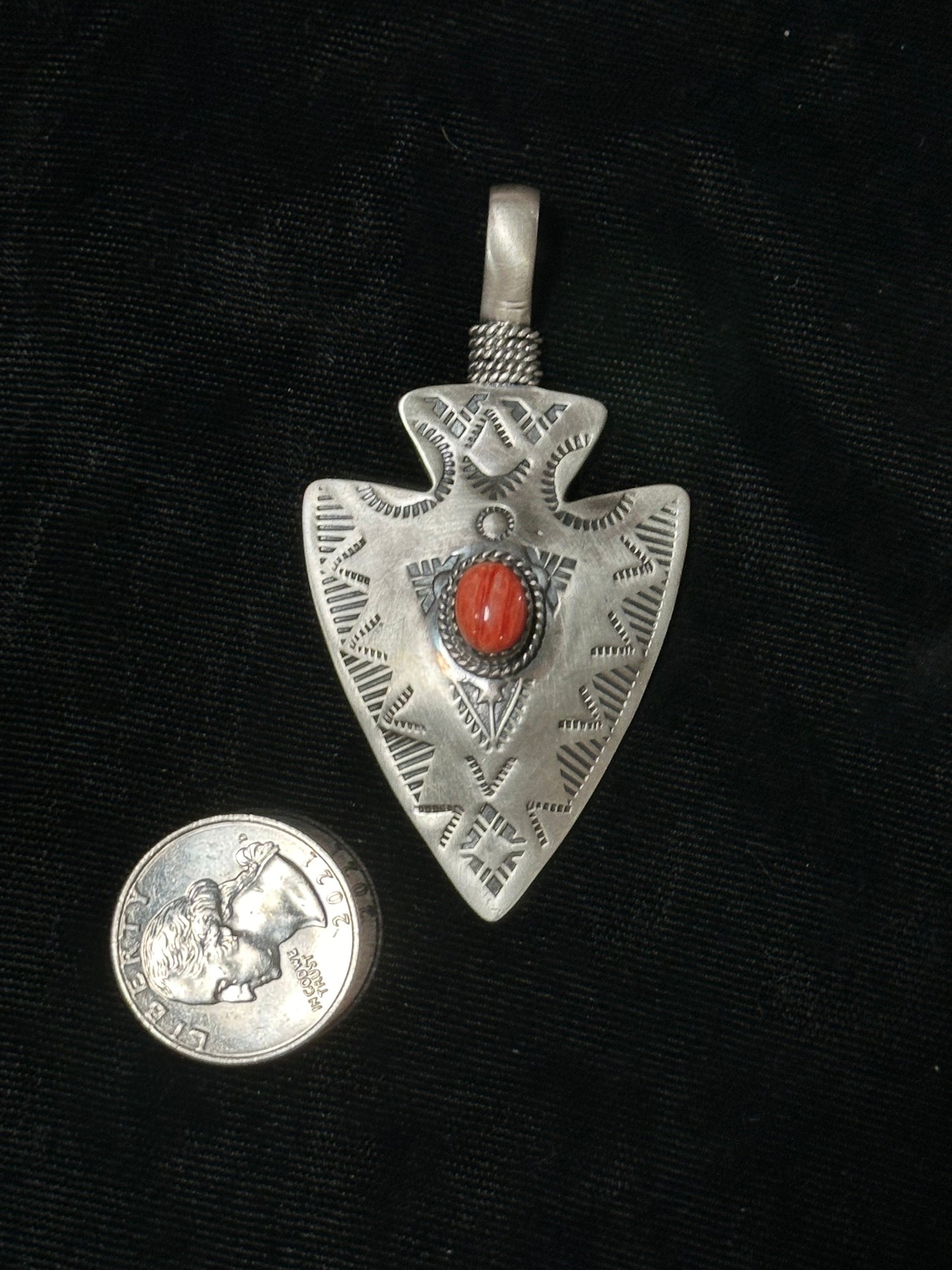 Sterling Silver Arrowhead Pendant with Spiny Oyster Stone by Zia
