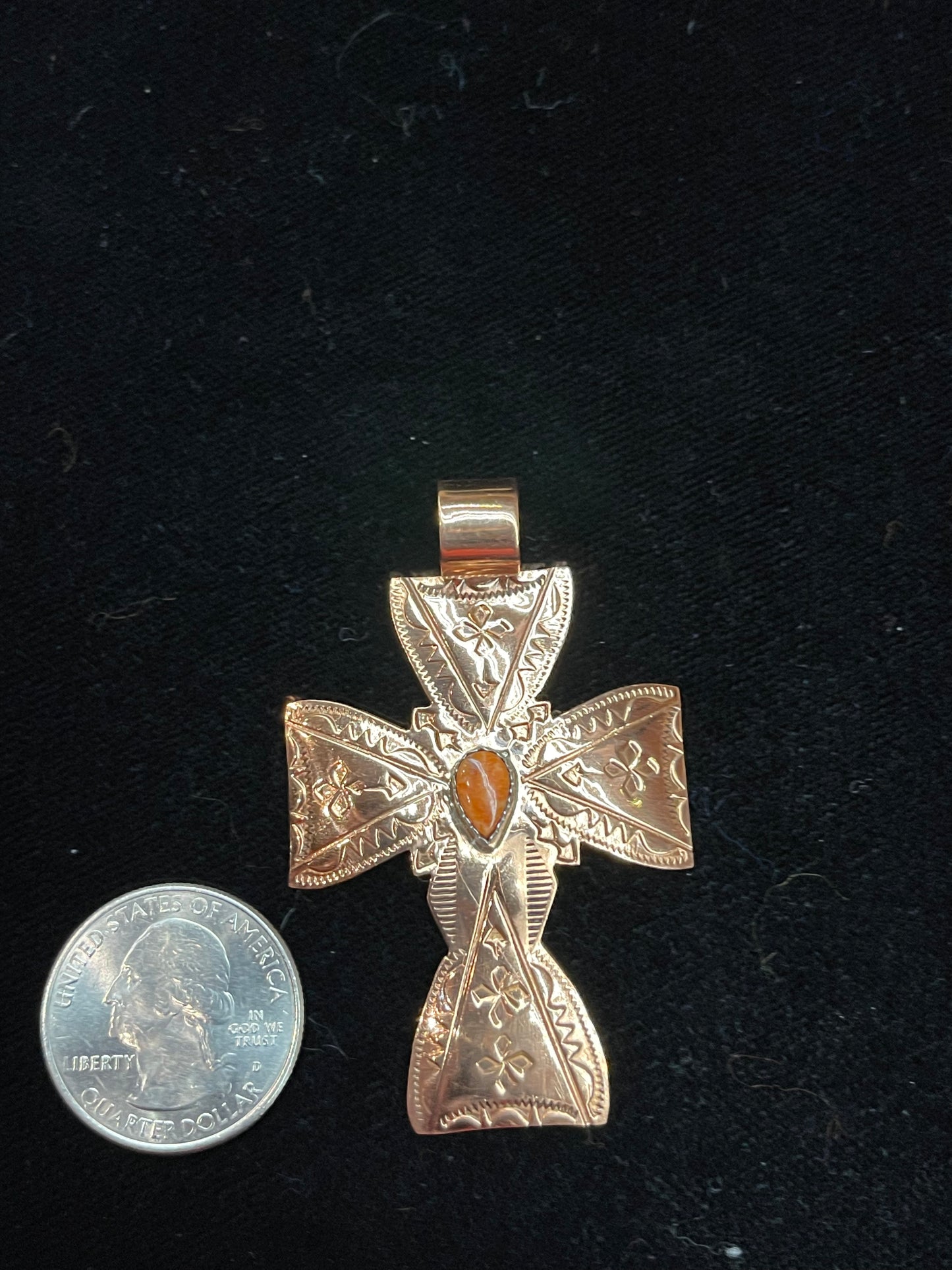 Copper Cross Pendant with Spiny Oyster Stone by Elaine Tahe, Navajo