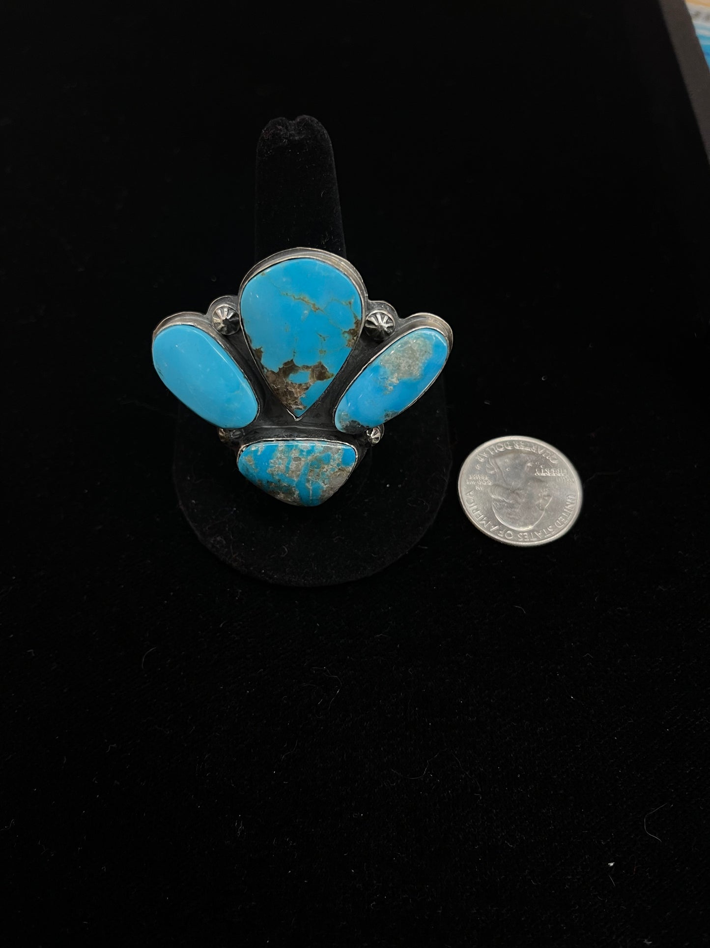 LOT 24 A 1/11 Adjustable Heavy Kingman Turquoise 4 Stone Ring by Bison, Navajo