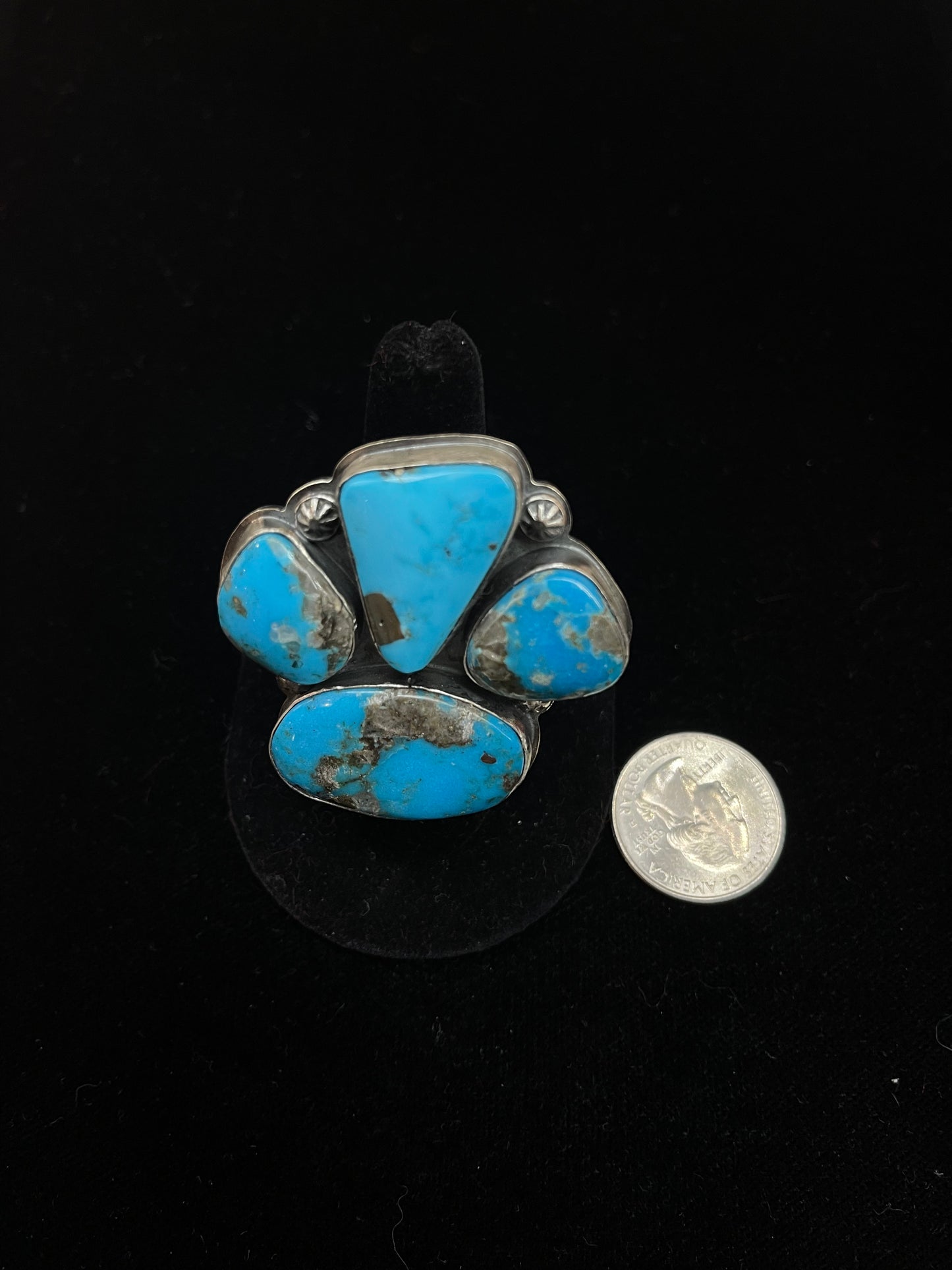 LOT 24 B 1/11 Adjustable Heavy Kingman Turquoise 4 Stone Ring by Bison, Navajo