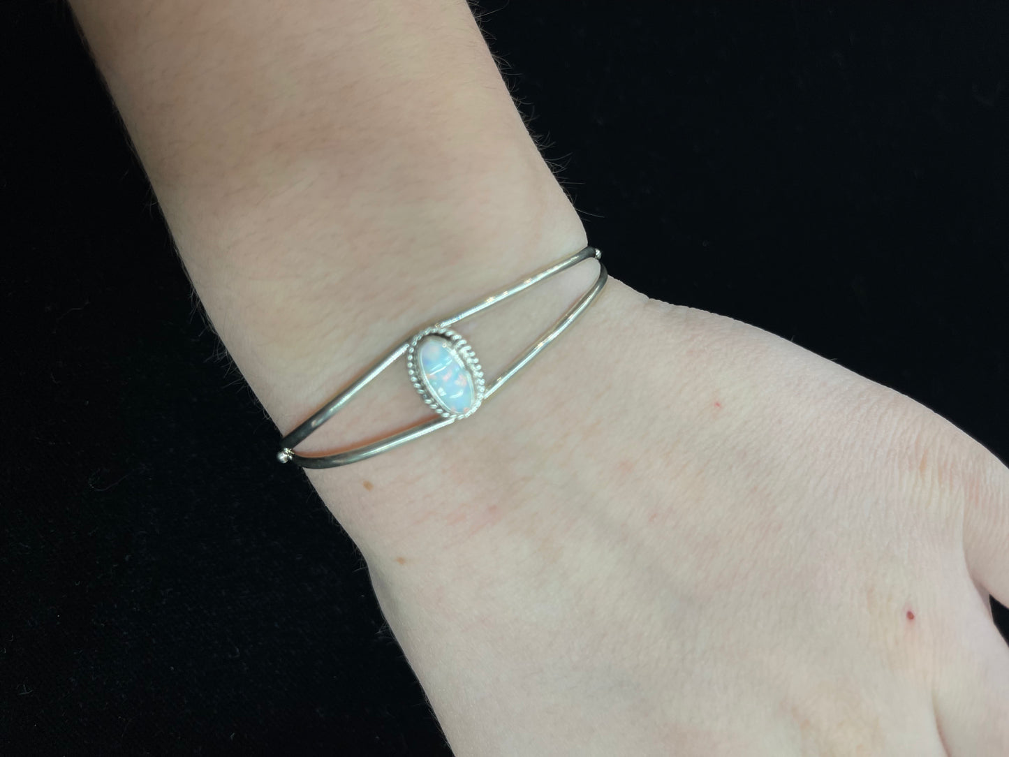 5 1/2"-6 1/2" White Opal Cuff Bracelet by Rosemary Sanders, Navajo