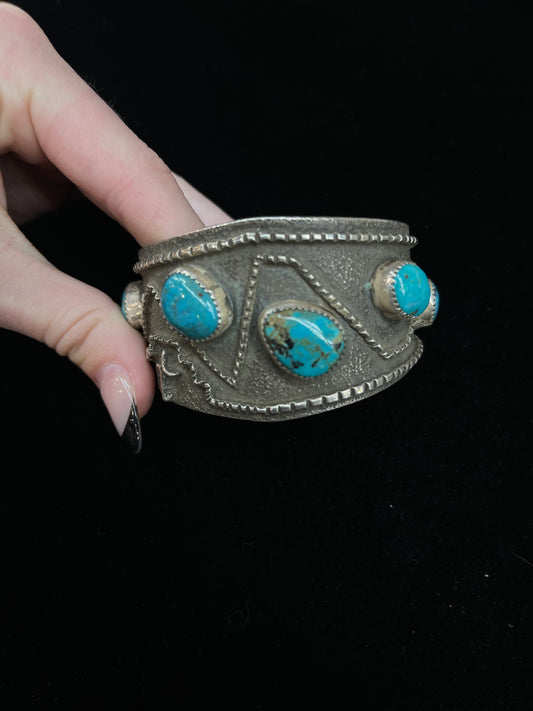 6 1/2" Heavy Silver and Sandcast Turquoise Cuff Bracelet by D. Arviso, Navajo