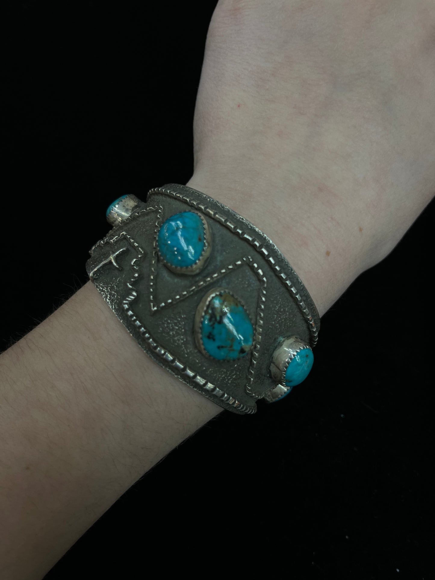 6 1/2" Heavy Silver and Sandcast Turquoise Cuff Bracelet by D. Arviso, Navajo