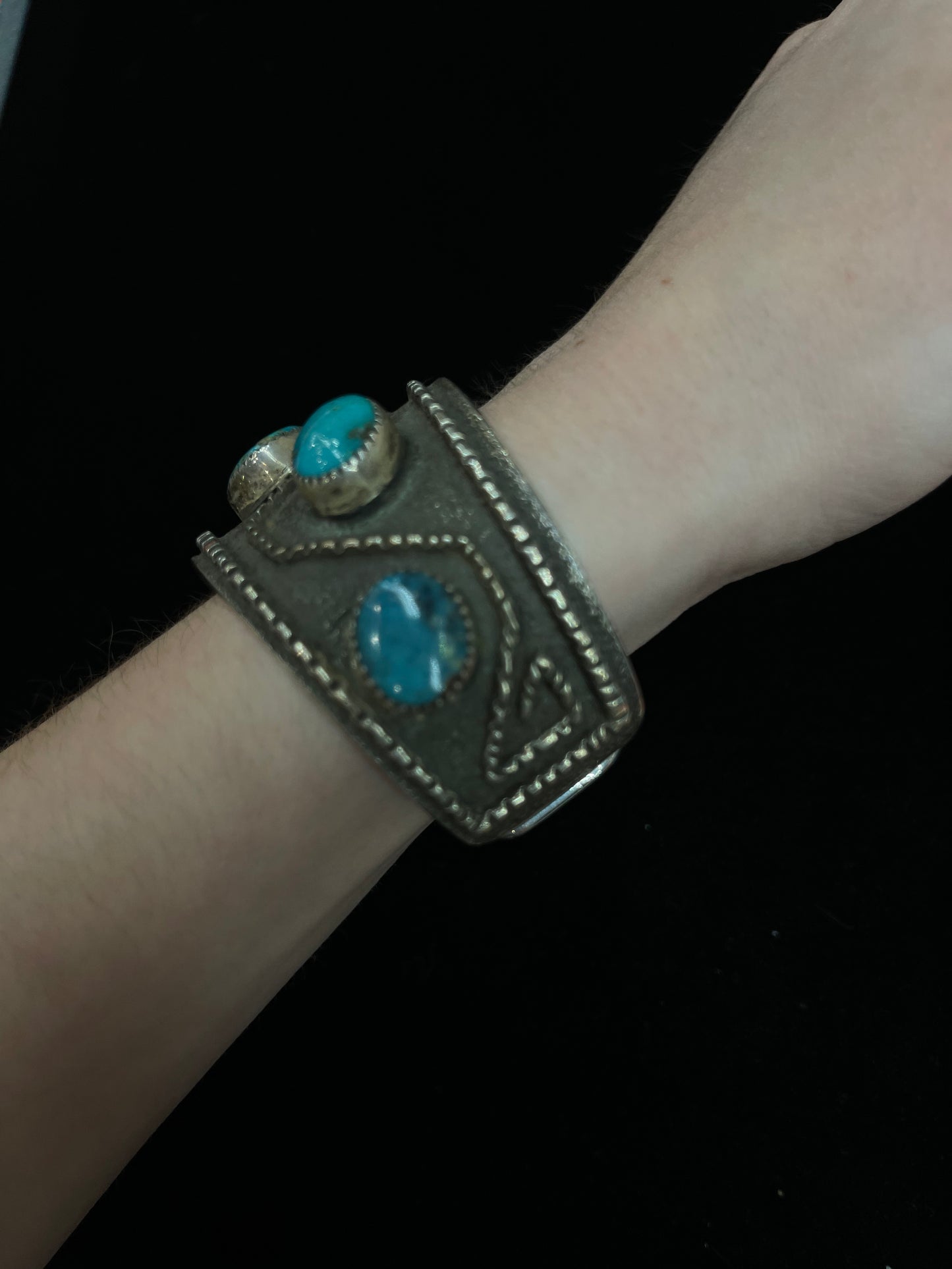 6 1/2" Heavy Silver and Sandcast Turquoise Cuff Bracelet by D. Arviso, Navajo