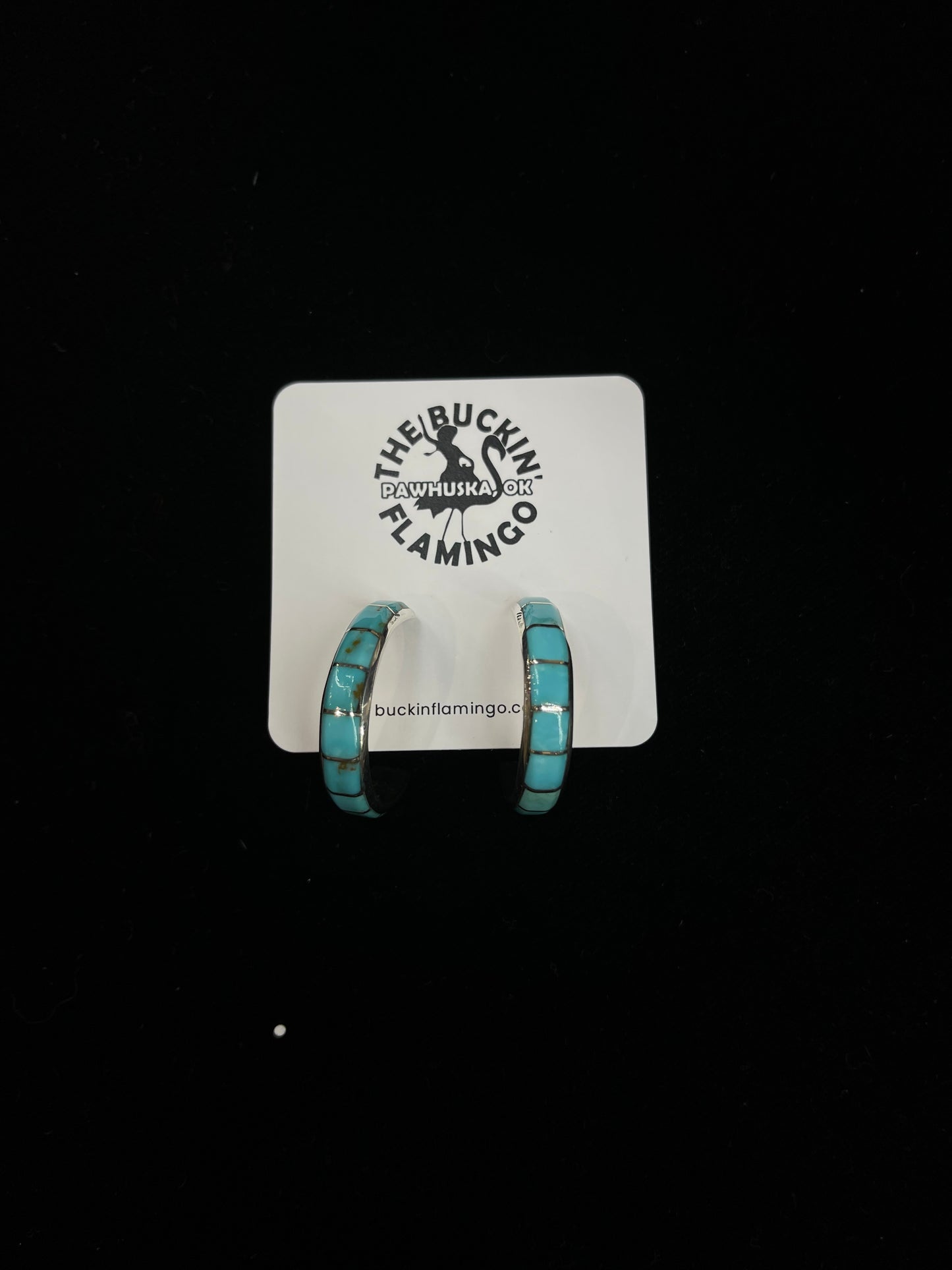 Turquoise Inlay Post Hoop Earrings by Vecna Kanesta, Zuni