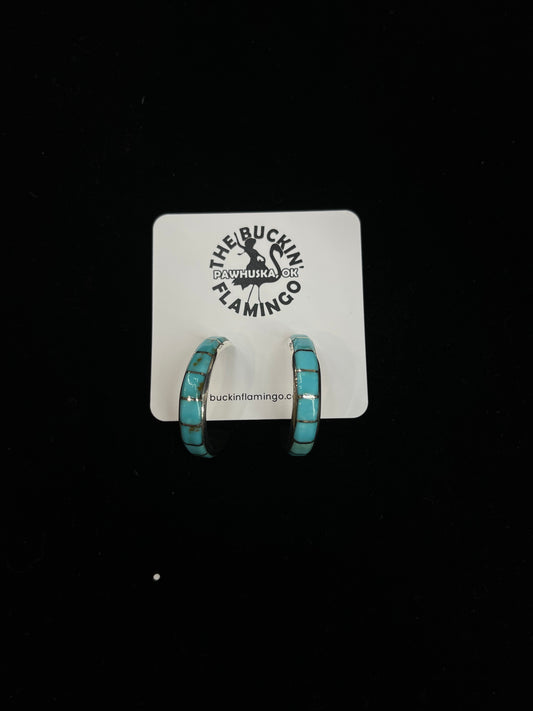 Turquoise Inlay Post Hoop Earrings by Vecna Kanesta, Zuni