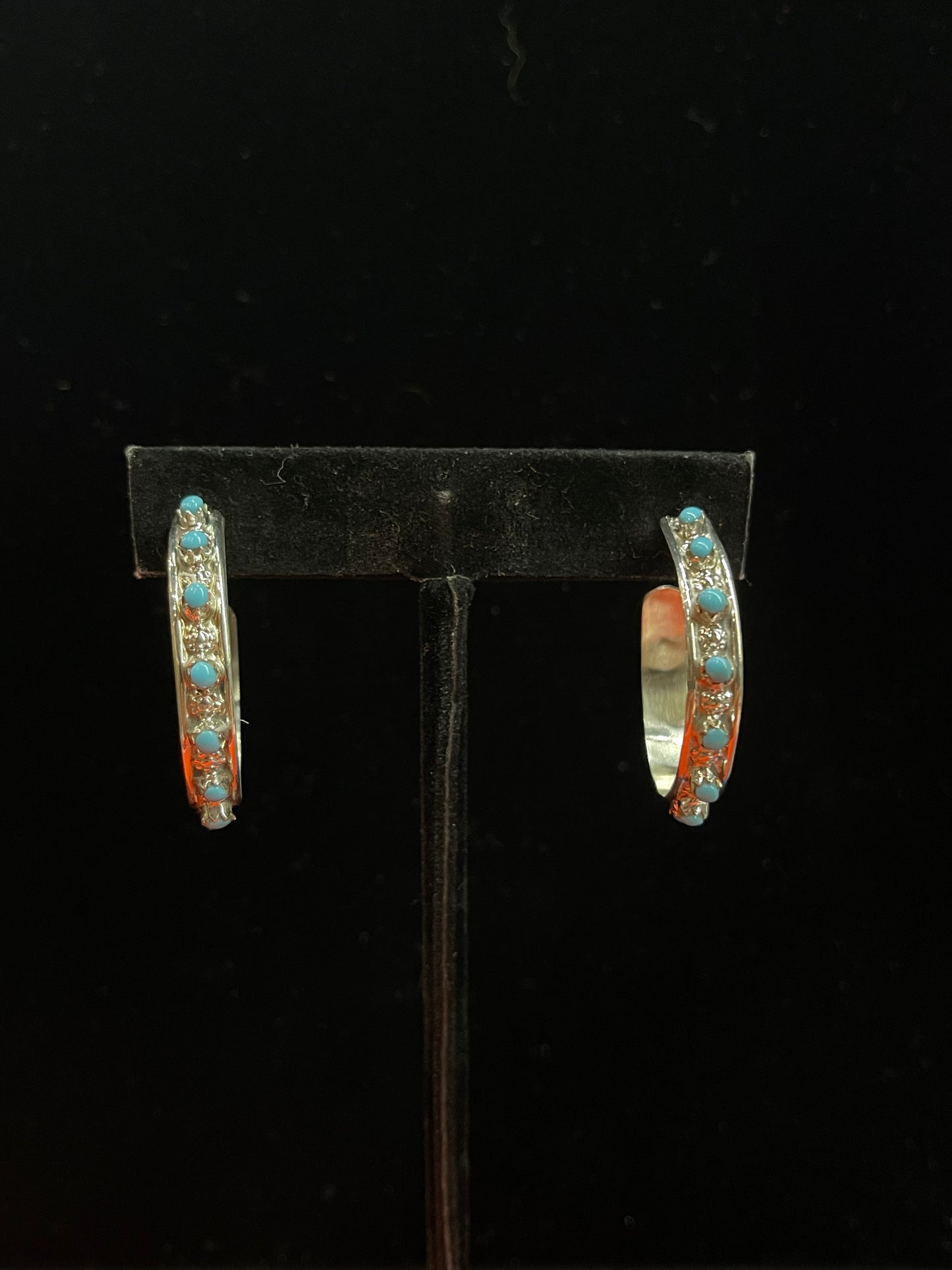 Sterling Silver Hoops with Turquoise Stones by Marion Quan, Zuni