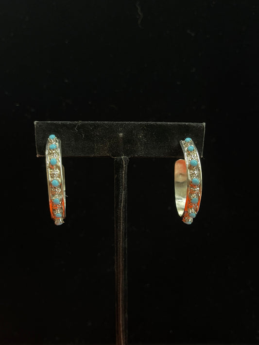 Sterling Silver Hoops with Turquoise Stones by Marion Quan, Zuni