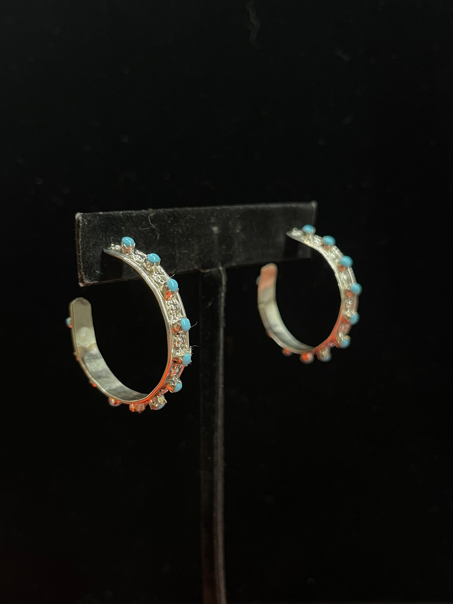 Sterling Silver Hoops with Turquoise Stones by Marion Quan, Zuni