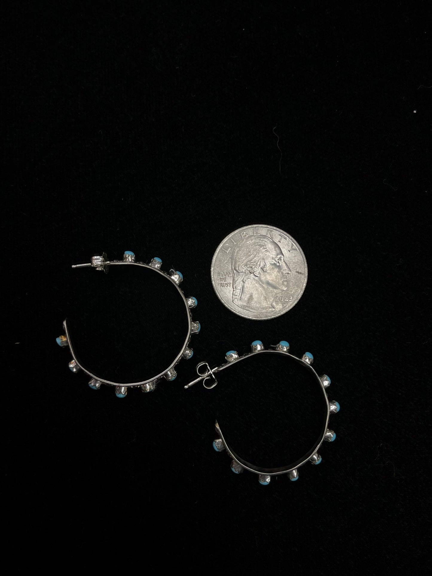 Sterling Silver Hoops with Turquoise Stones by Marion Quan, Zuni