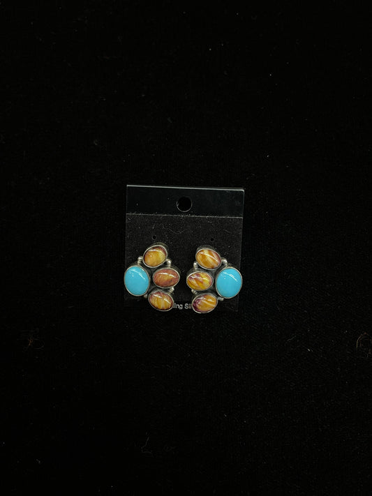 Spiny Oyster Shell and Sleeping Beauty Turquoise Cluster Post Earrings