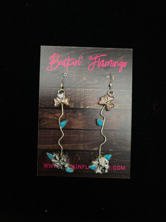 White Buffalo, Sleeping Beauty Turquoise, and Pink Mother of Pearl Dangle Earrings by Valerie Comosona, Zuni