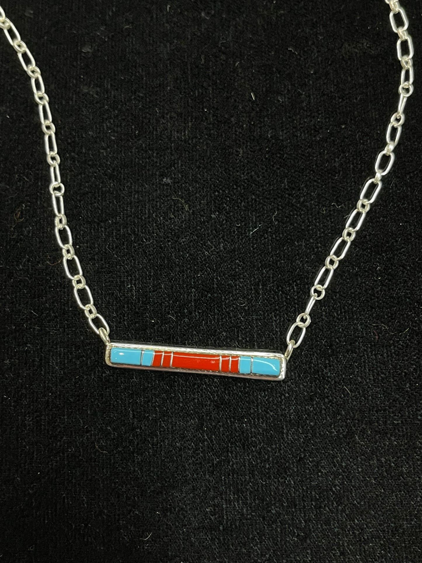 16" Coral and Turquoise Inlay Necklace by Roland Natachu, Zuni