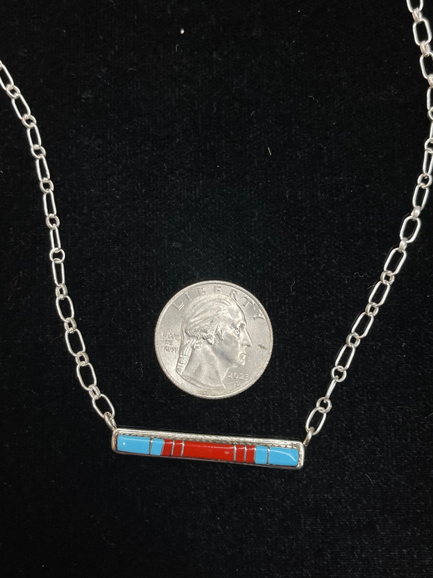 16" Coral and Turquoise Inlay Necklace by Roland Natachu, Zuni