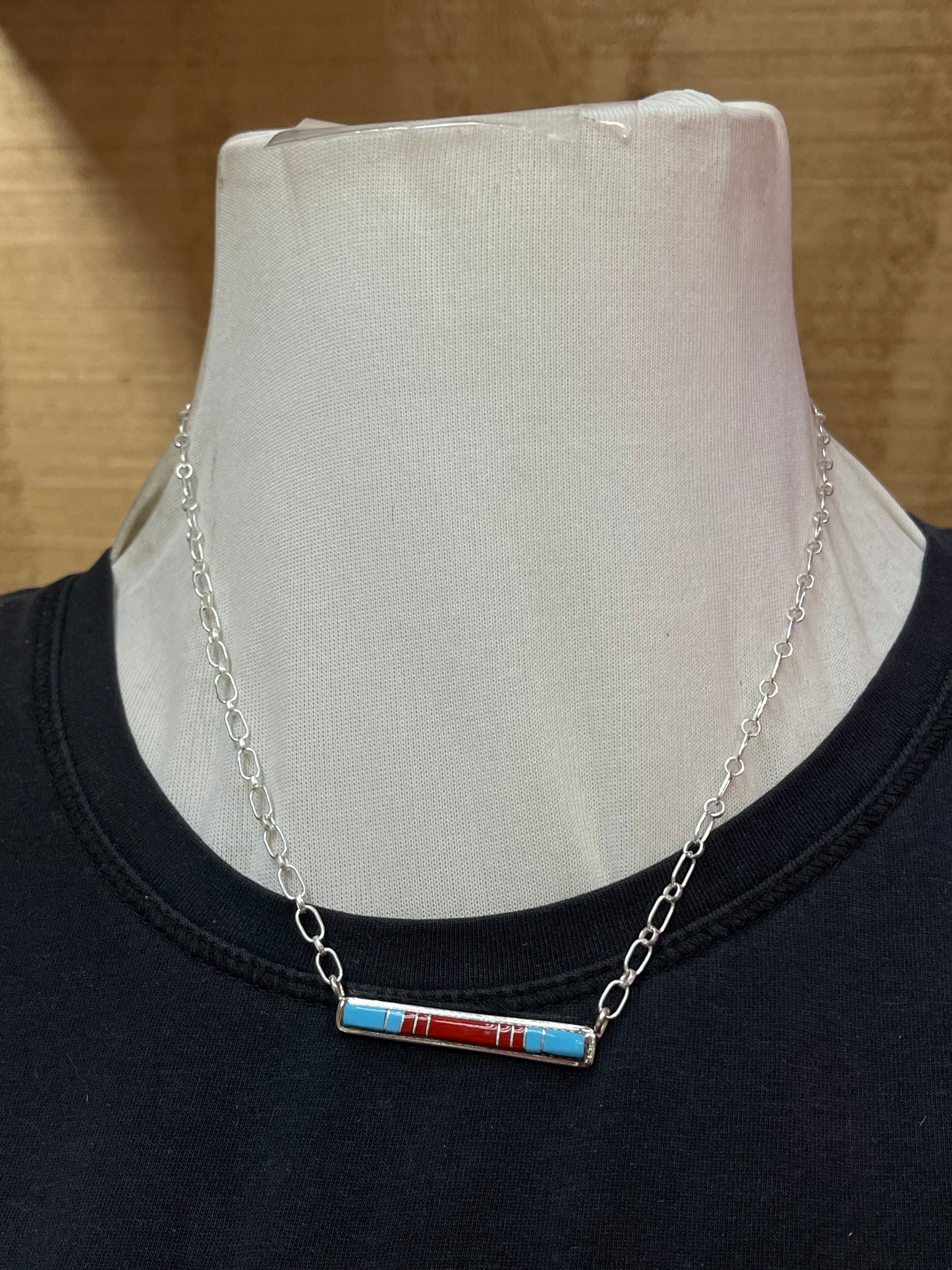 16" Coral and Turquoise Inlay Necklace by Roland Natachu, Zuni