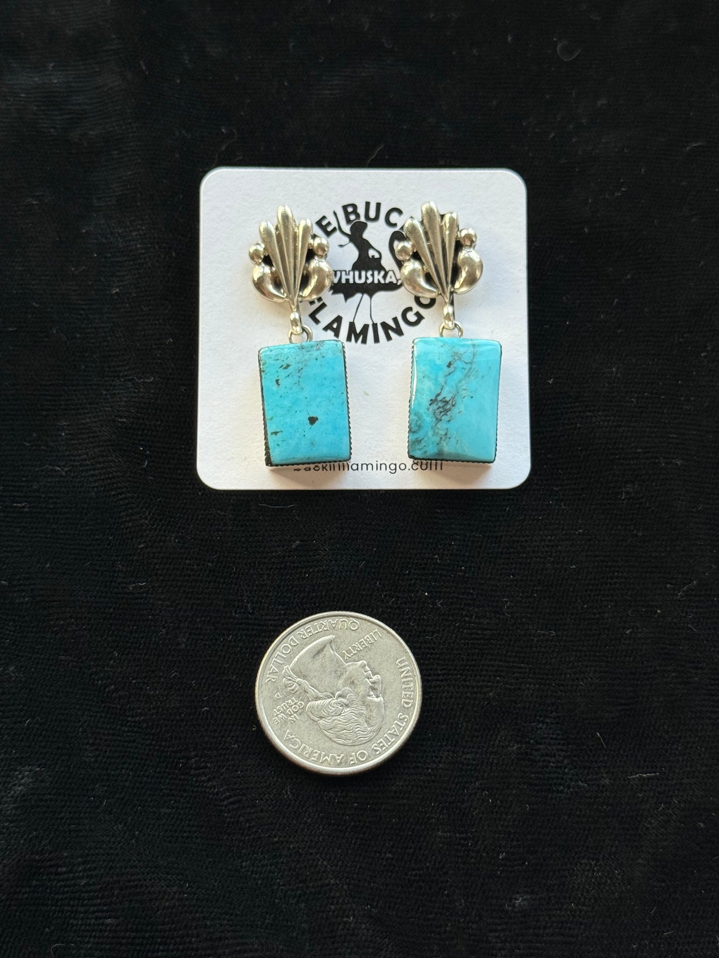 Kingman Turquoise Square Post Dangle Earrings by Sadie Jim, Navajo