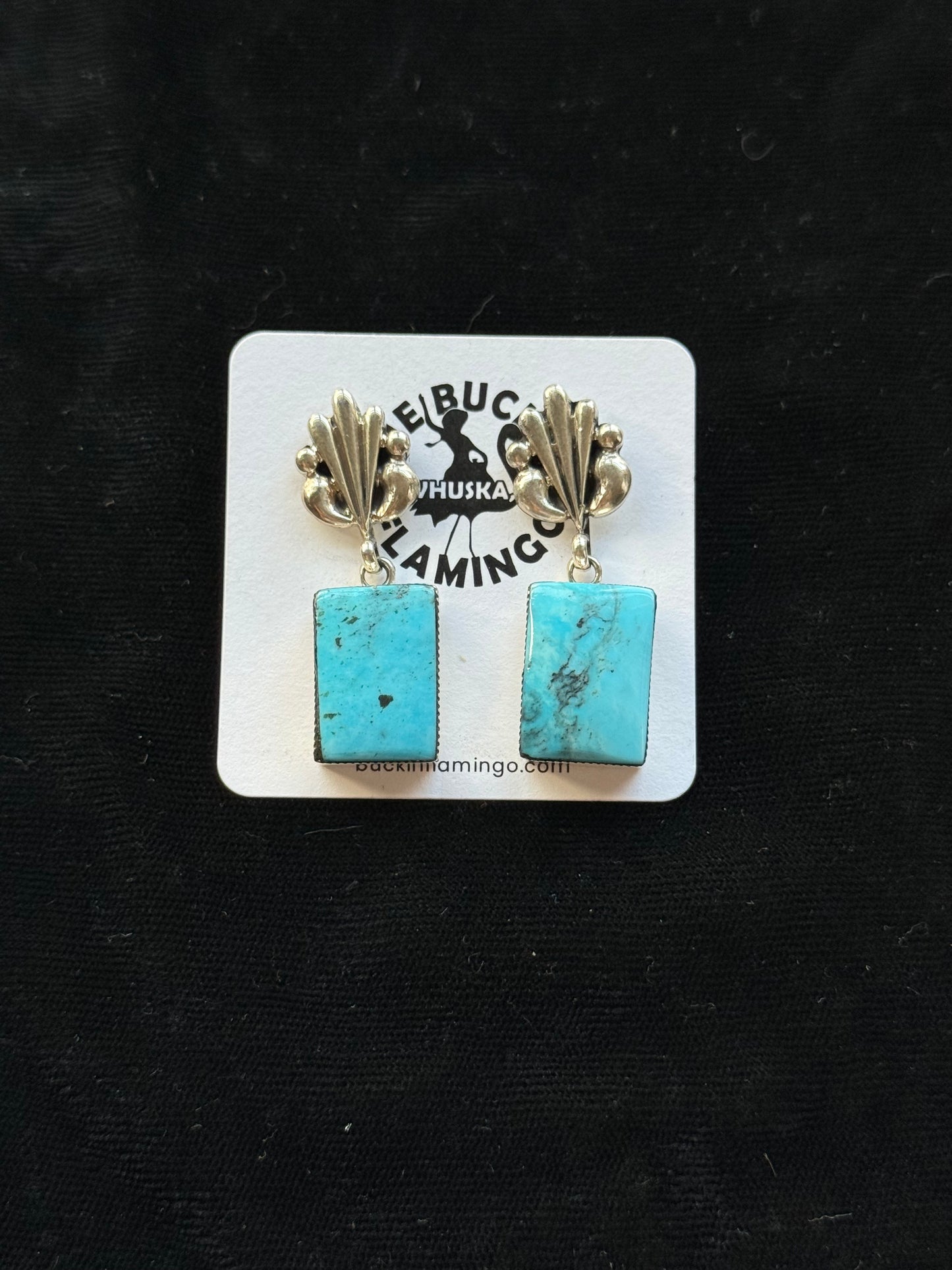 Kingman Turquoise Square Post Dangle Earrings by Sadie Jim, Navajo
