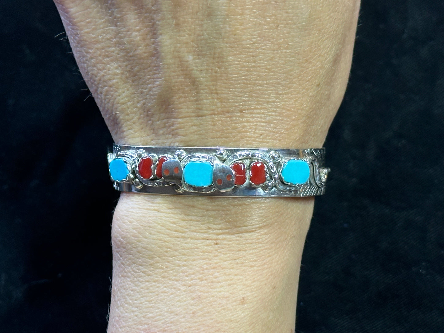 6" Snake Design Cuff with Turquoise and Coral Stones by Joy Calavaza, Zuni