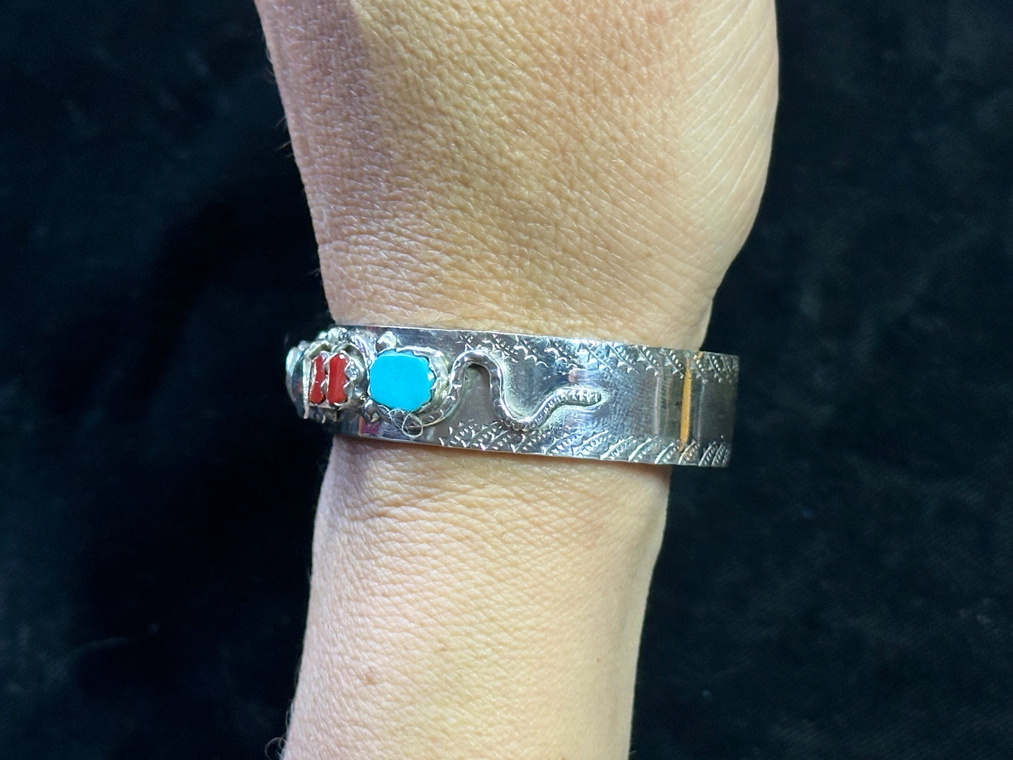 6" Snake Design Cuff with Turquoise and Coral Stones by Joy Calavaza, Zuni