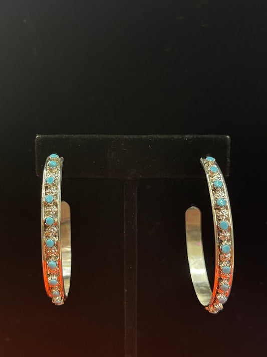 Large Sterling Silver Hoop Earrings with Turquoise Stones by Marion Quam, Zuni