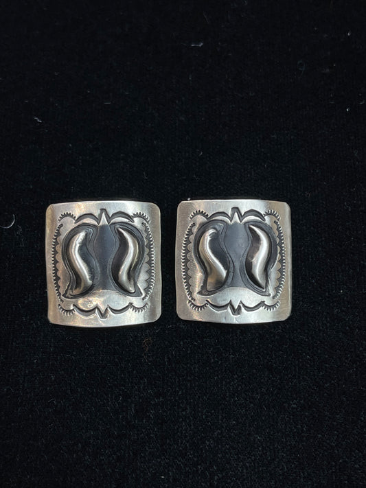 Stamped Sterling Silver Post Earrings by L. Tahe, Navajo