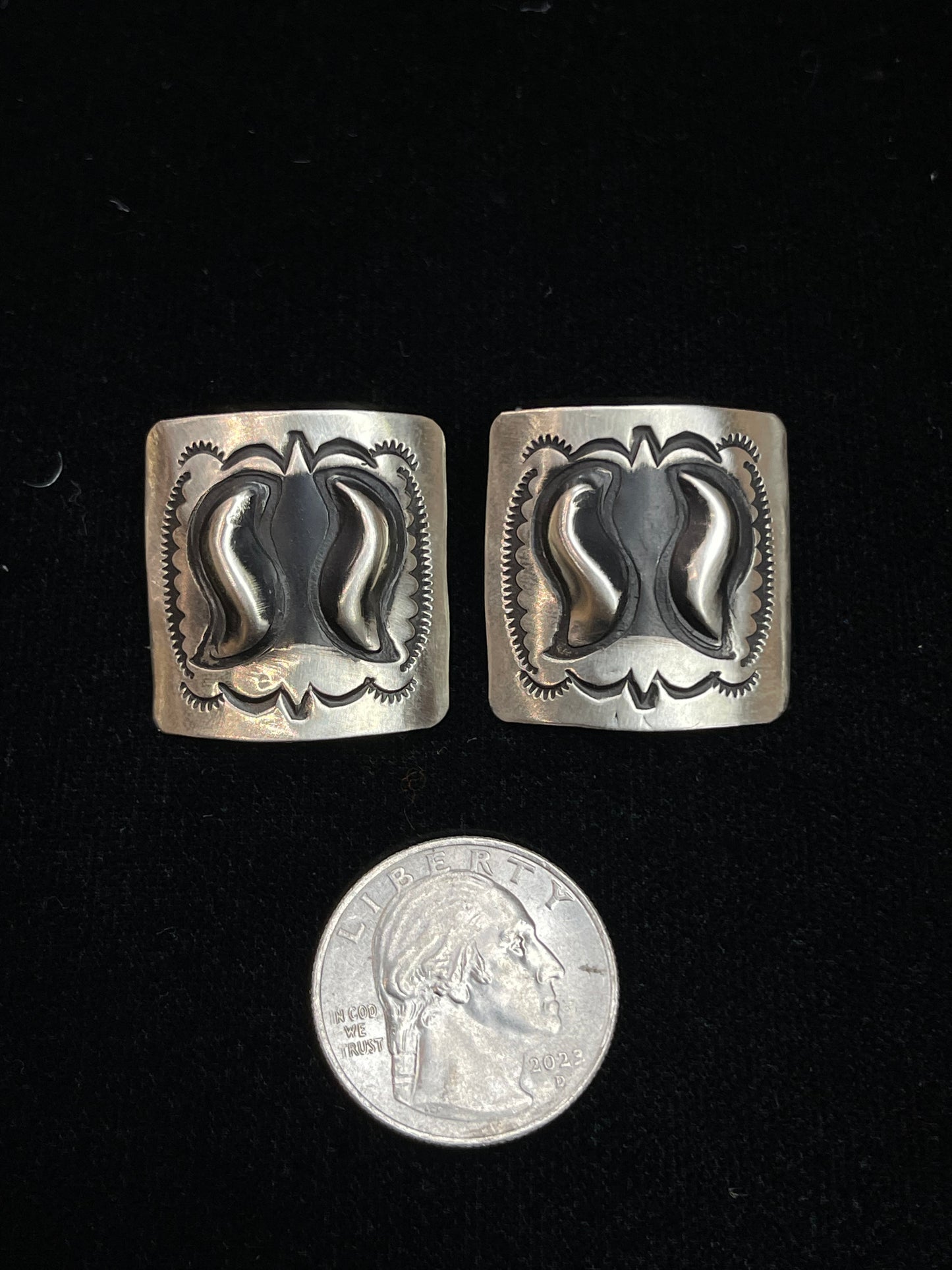 Stamped Sterling Silver Post Earrings by L. Tahe, Navajo