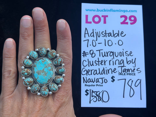 LOT 29 10/25 Adjustable 7.0-10.0. #8 Turquoise Cluster Ring by Geraldine James, Navajo