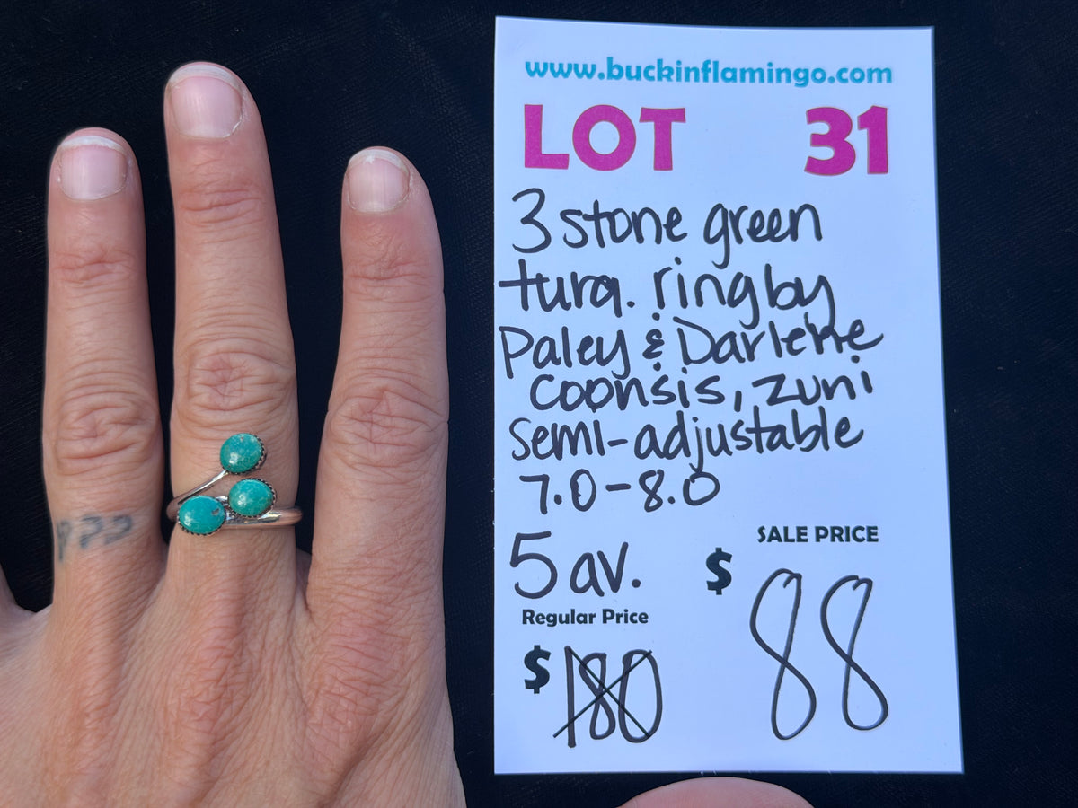 LOT 31 10/25 3 Stone Green Turquoise Ring by Paley & Darlene Coonsis, Zuni Semi Adjustable 7.0-8.0