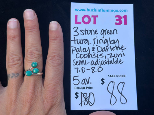 LOT 31 10/25 3 Stone Green Turquoise Ring by Paley & Darlene Coonsis, Zuni Semi Adjustable 7.0-8.0