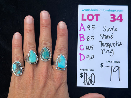 LOT 34 D 10/25 9.0 Single Stone Turquoise Ring