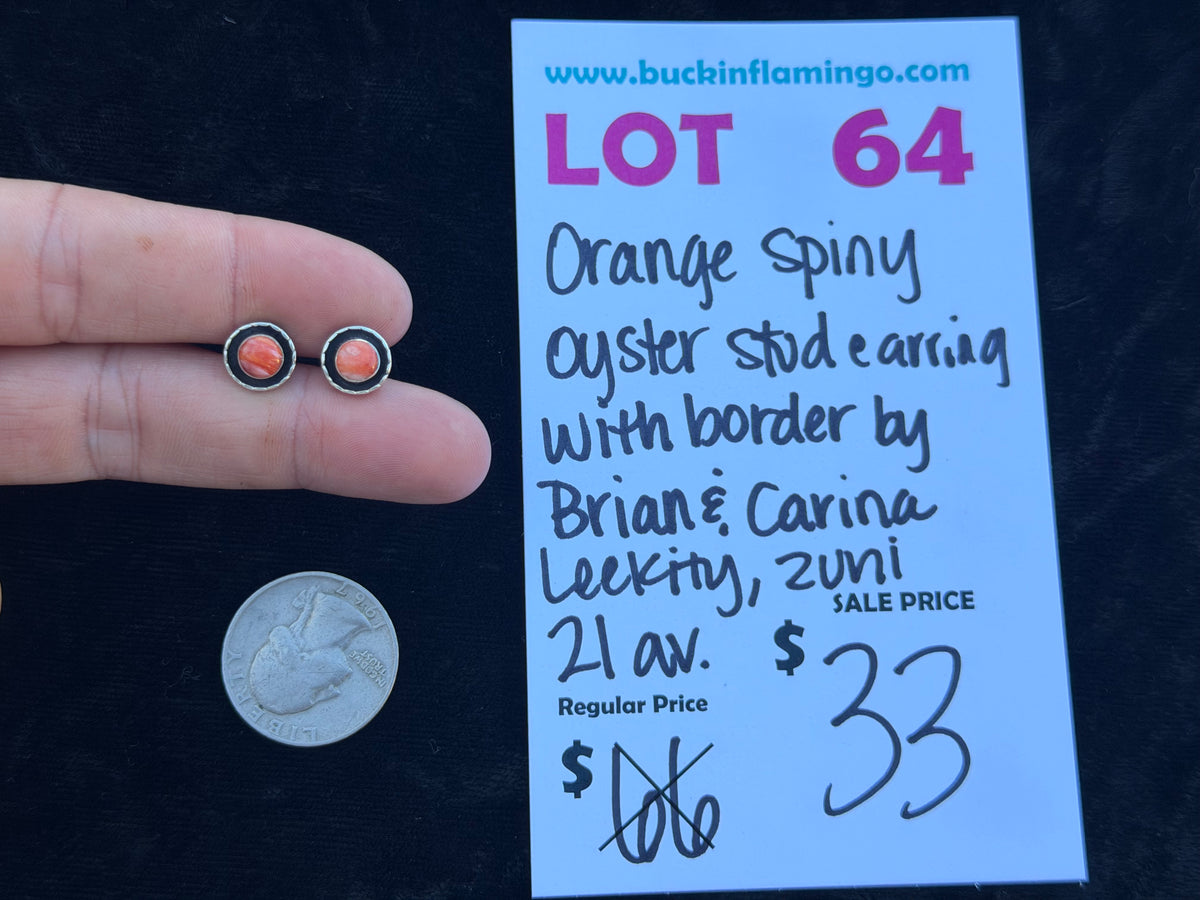 LOT 64 10/25 Orange Spiny Oyster Stud Earring with Border by Brian & Carina Leekity, Zuni