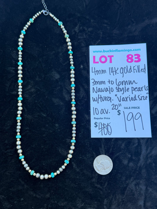 LOT 83 10/25 4mm 14k Gold Filled 3mm to 6mm Navajo Style Pearls w/Turquoise “Varied Size”  20”