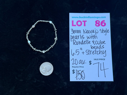 LOT 86 10/25 3mm Navajo Style Pearls with Rondelle & Cube Beads 6.5”+Stretchy