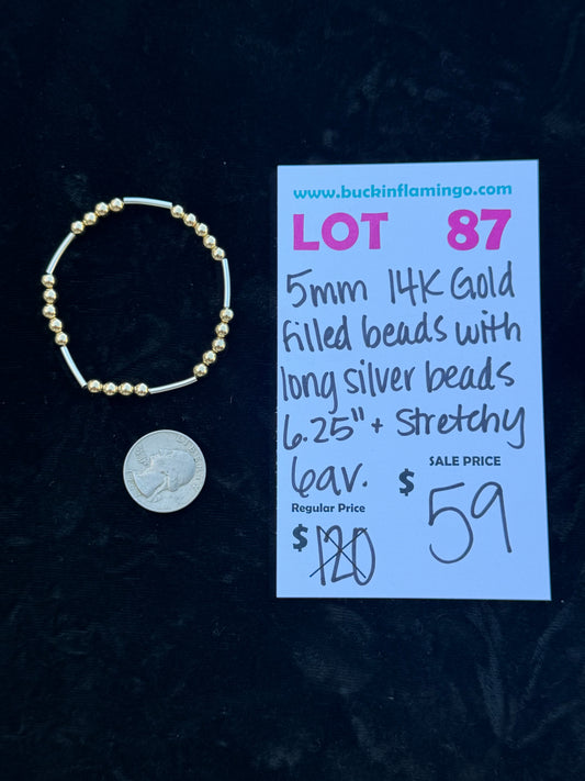 LOT 87 10/25 5mm 14K Gold Filled Beads with Long Silver Beads 6.25”+Stretchy