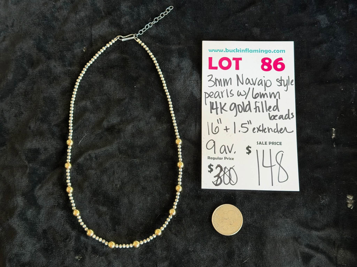 LOT 86 10/18 3mm Navajo Style Pearls w/6mm 14K Gold Filled Beads 16”+1.5” Extender