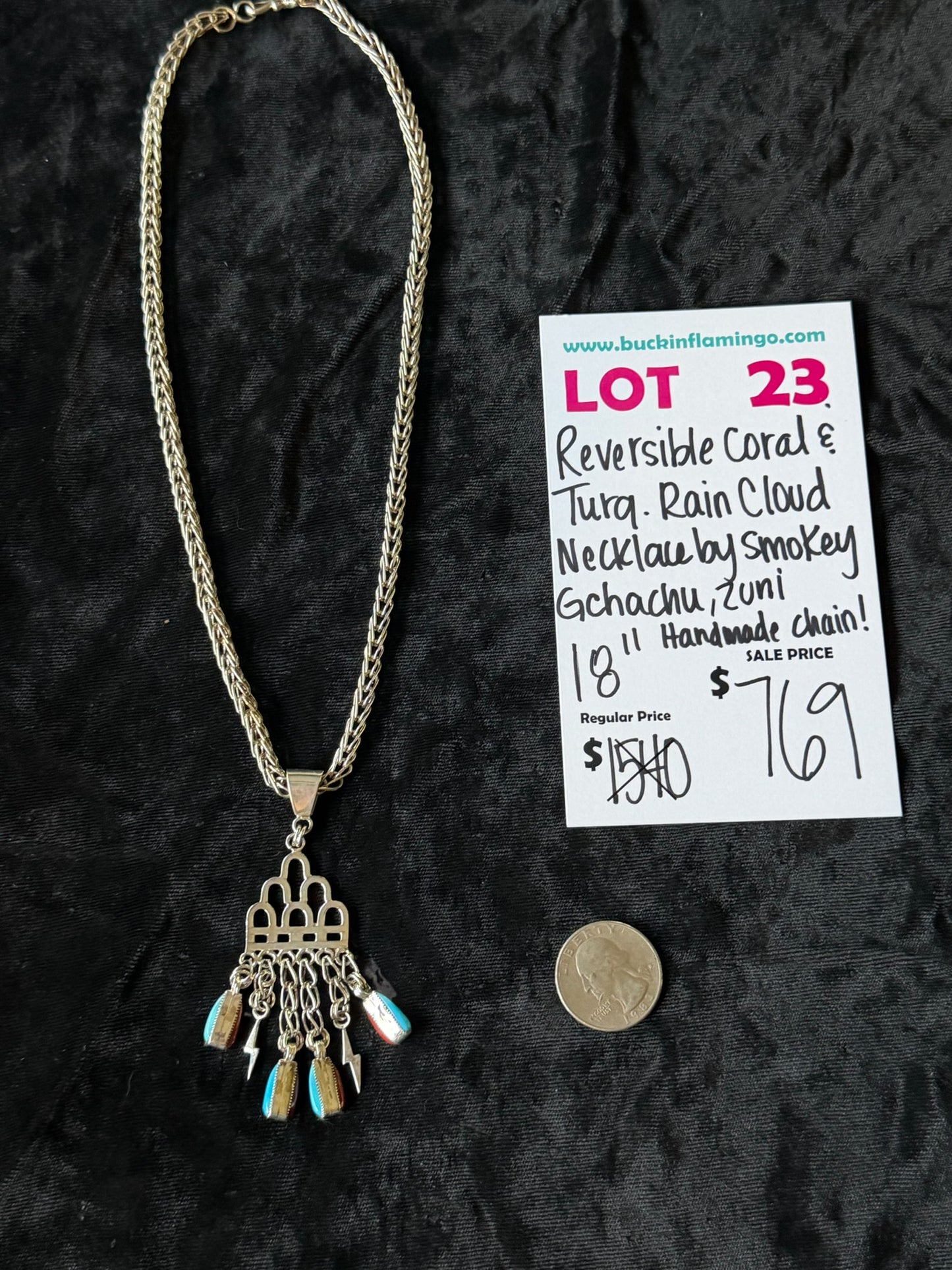 LOT 23 4/26 Reversible Coral & Turquoise Rain Cloud Necklace by Smokey Gchachu, Zuni on and 18” Handmade Chain