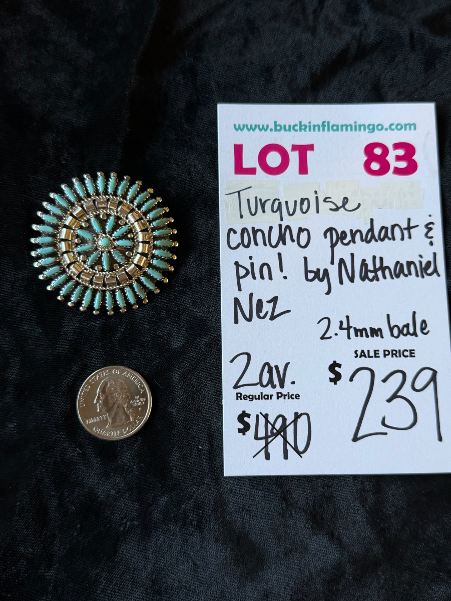 LOT 83 4/26 Sleeping Beauty Turquoise Concho Pendant & Pin Combo by Nathaniel Nex, Navajo