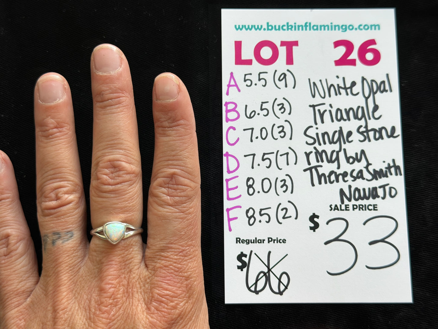LOT 26 E 5/17 8.0 White Opal Triangle Single Stone Ring by Theresa Smith, Navajo