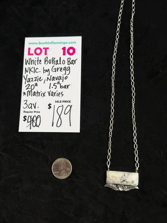 LOT 10 5/24 White Buffalo Bar 20” Necklace by Gregg Yazzie, Navajo (Matrix Varies)