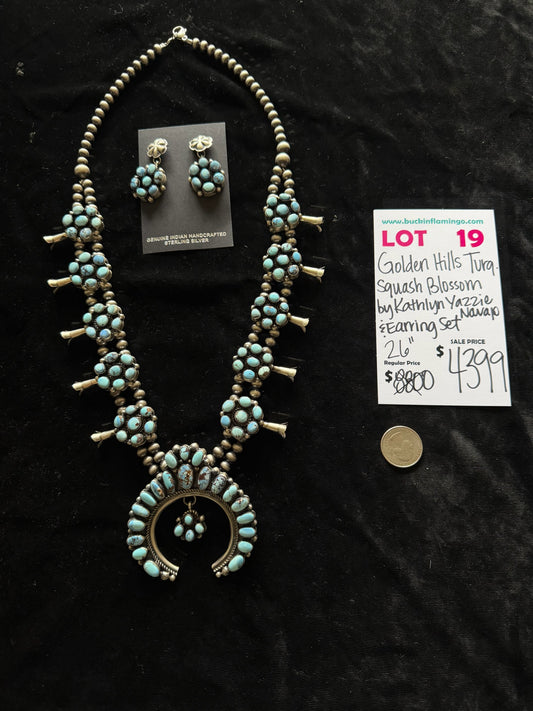 LOT 19 5/24 Golden Hills Turquoise 26” Squash Blossom & Earring Set by Kathlyn Yazzie, Navajo