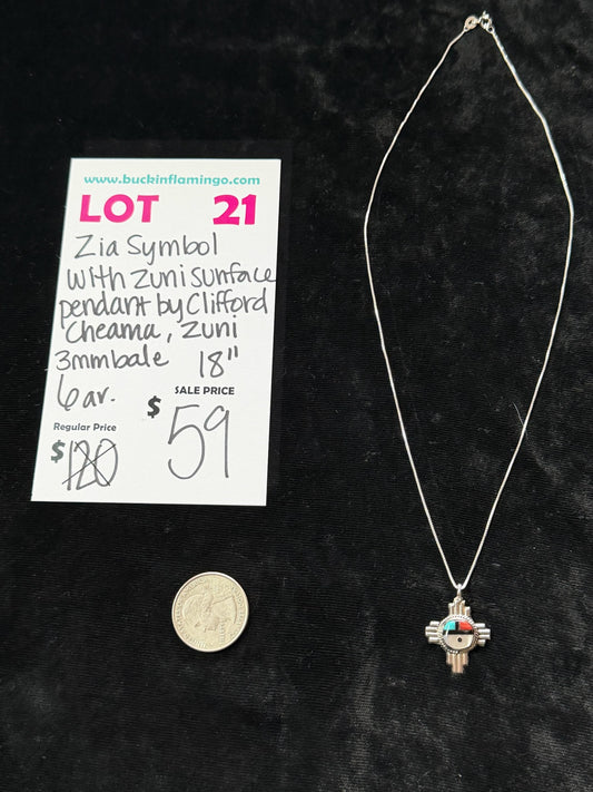 LOT 21 5/24 Zia Symbol with Zuni Sunday Pendant by Clifford Cheama, Zuni 3mm Bale on 18” Chain