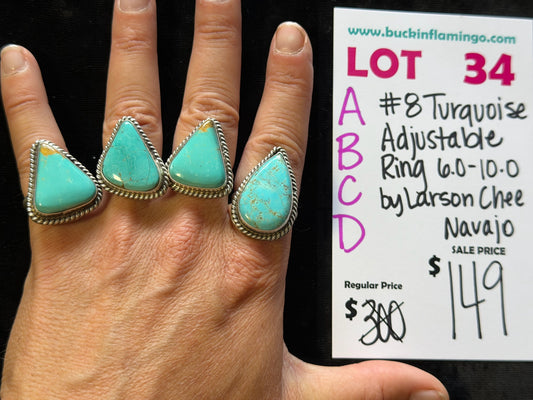 LOT 34 C 5/24 #8 Turquoise Adjustable Ring 6.0-10.0 by Larson Chee, Navajo