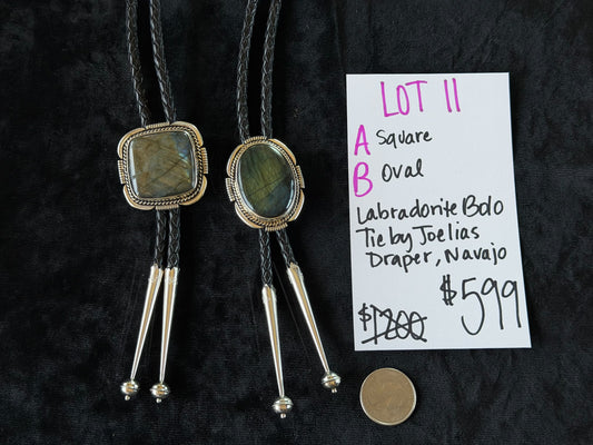 LOT 11 A 5/31 Square Labradorite Bolo Tie by Joelias Draper, Navajo